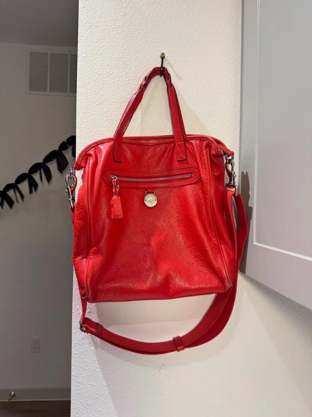 Mulberry Red Leather Shoulder Tote with Tassel Charm